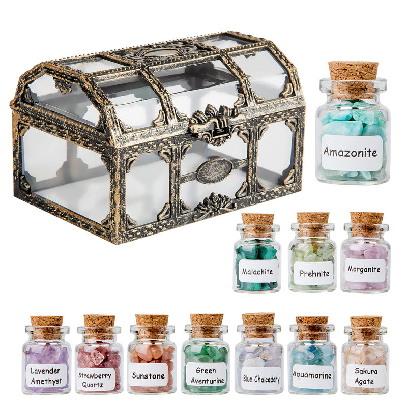Crystal Chips Gemstone Bottles Set of Different Mini Crystals for Spell Jars Healing Crystals for Witchcraft in Vintage Box Chakra Crystals and Healing Stones Set Witch Gifts Witchcraft Supplies