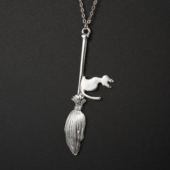 Cat on Broom Pendant Necklace - Witchcraft Jewelry