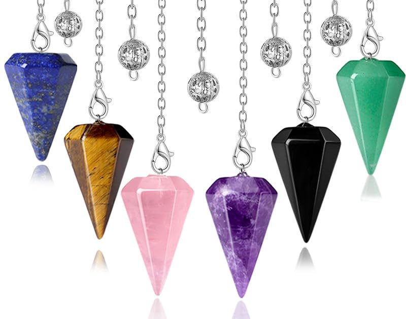 DUQGUHO 6 Pcs Crystal Pendulum Set Wiccan Accessories Divination Tools Natural Healing Crystal Quartz Colored Gemstone Pendants for Spritual Pointed Crystal Grid Reiki Meditation