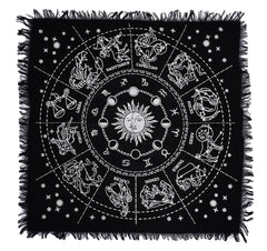 ASAV Altar Cloth Tarot Cards Square Table Napkin Witchcraft Supplies Tablecloth Black Horoscope Sign Zodiac Circle Deck Cloth with Frings (Silver 18x18 Inches/45x45 Cms.)