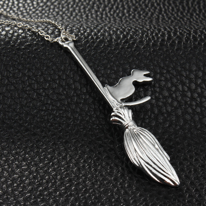 Cat on Broom Pendant Necklace - Witchcraft Jewelry