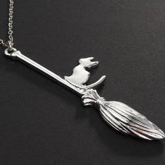 Cat on Broom Pendant Necklace - Witchcraft Jewelry