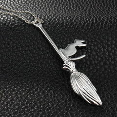 Cat on Broom Pendant Necklace - Witchcraft Jewelry