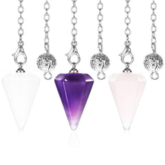 Qianyu 3 Pcs Crystal Pendulums Set for Divination Dowsing Amethyst Rose Quartz Clear Quartz 6 Faceted Hexagonal Pointed Cone Resin Spiritual Gemstone Pendant Witchcraft Accessories