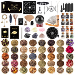 SHYSHINY Wiccan Supplies and Tools for Protection 130Pack Witchcraft Supplies Witchy Gift for Beginners Dried Herbs Crystals Candles Witch Starter Spell Kit