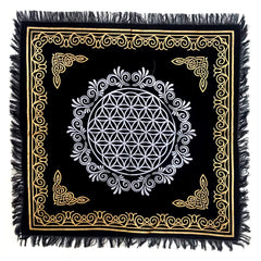 INDACORIFY Flower of Life Altar Table Top Cloth with Fringes Alter Tarot Witchcraft Spread Spiritual Sacred Cloth 18x18 in (Gold & Silver Flower of Life)