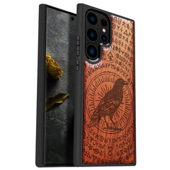 Carveit Wood Case for Galaxy S23 Ultra Case 2023 [Natural Wood & Black Soft TPU] Shockproof Protective Cover Unique & Classy Wooden Case Compatible with Samsung S23 Ultra (Witchcraft Raven-Red Wood)