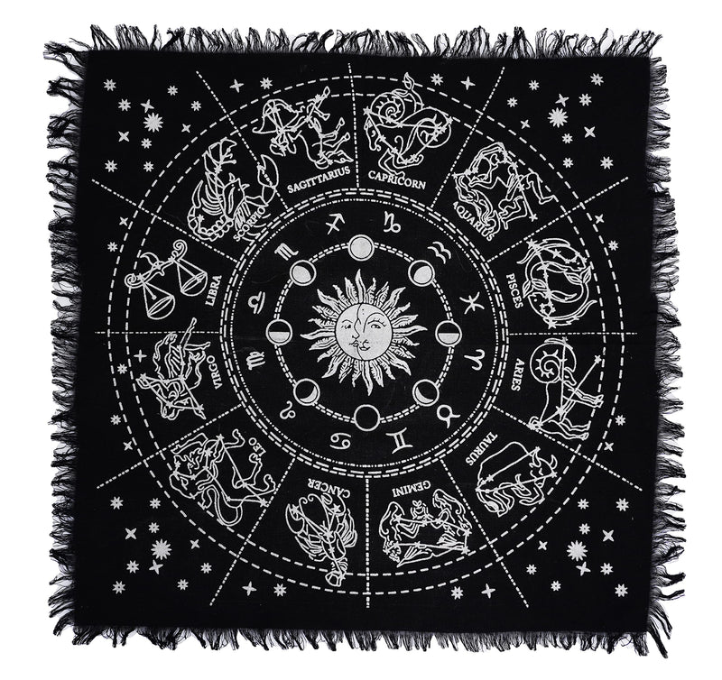 ASAV Altar Cloth Tarot Cards Square Table Napkin Witchcraft Supplies Tablecloth Black Horoscope Sign Zodiac Circle Deck Cloth with Frings (Silver 18x18 Inches/45x45 Cms.)