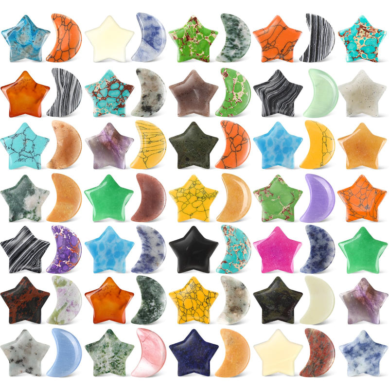 Nuenen 72 Pieces Star and Moon Stones Crystal Bulk Worry Stones Moon Shaped Star Thumb Gemstones Polished Moon Pocket Star Palm Stones Bulk for Witchcraft DIY Meditation Reiki Balancing Decor (Medium)
