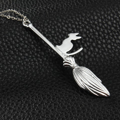 Cat on Broom Pendant Necklace - Witchcraft Jewelry
