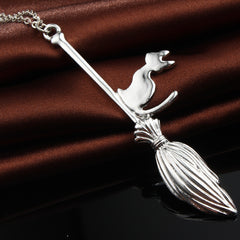 Cat on Broom Pendant Necklace - Witchcraft Jewelry